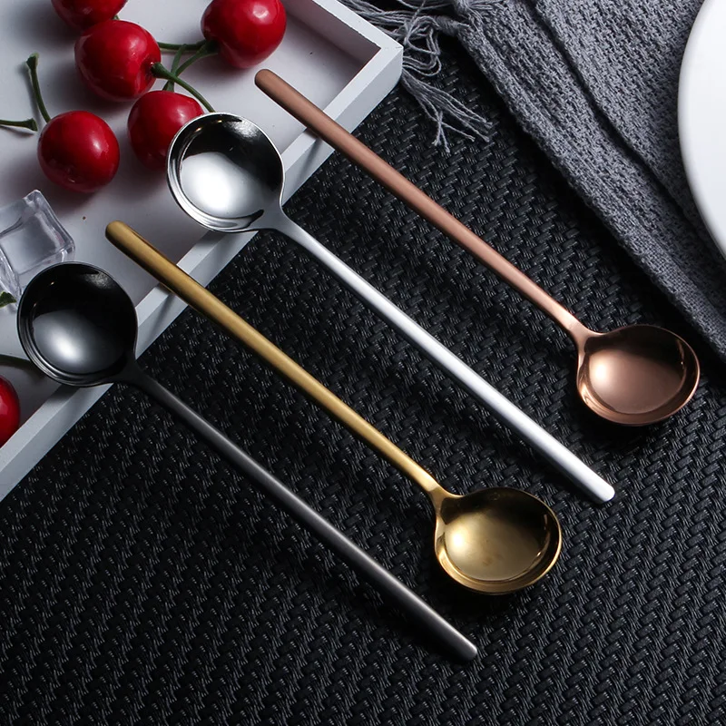 304 Stainless Steel Spoon Korean Style Tableware Thick Stainless Steel yuan shao Long Handle Stirring Spoon Manufacturers Direct