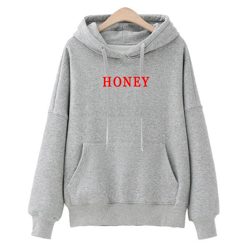 HONEY толстовки повседневные дамские свитшоты весна осень модные толстовки женские с длинным рукавом Свободные махровые карманные Пуловеры Одежда с буквами