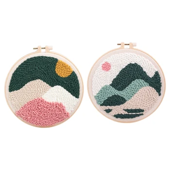 

Pack of 2 Punch Needle Embroidery Kit Soft Yarn DIY Needlework Scenery Pattern Cross Stitch for Beginner