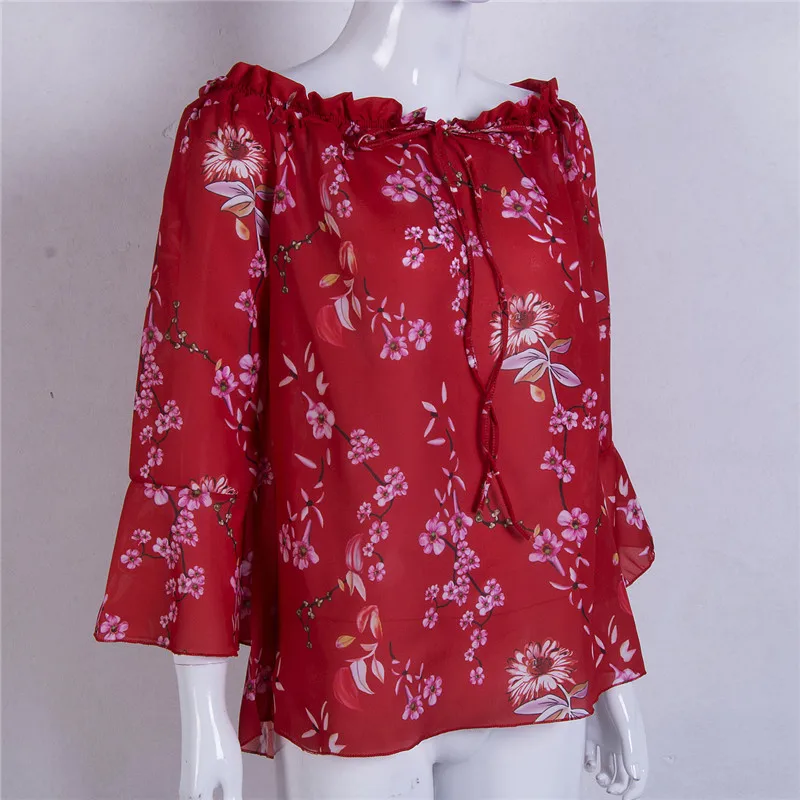 Autumn Female Bow tie Blouse shirts casual loose Women Floral Print Long Sleeve Off Shoulder Front Tie Knot Shirt Tops | Женская одежда