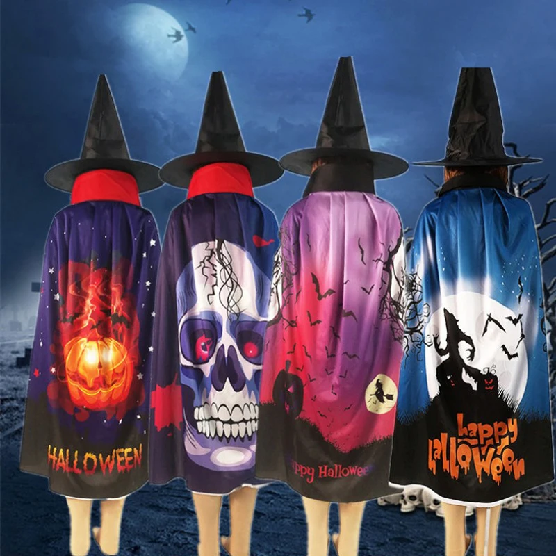 

2019 New Halloween Party Cloak Ponchos with Witch Hat Fancy Cosplay Dress Costume Prop Bat Pumpkin Skull Ghost Pattern Capes