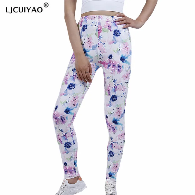 

LJCUIYAO Women Workout Leggings Fitness Feamle High Waist White Pink Floral Pattern Mujer Casual Elastic Sportleggings Bottom