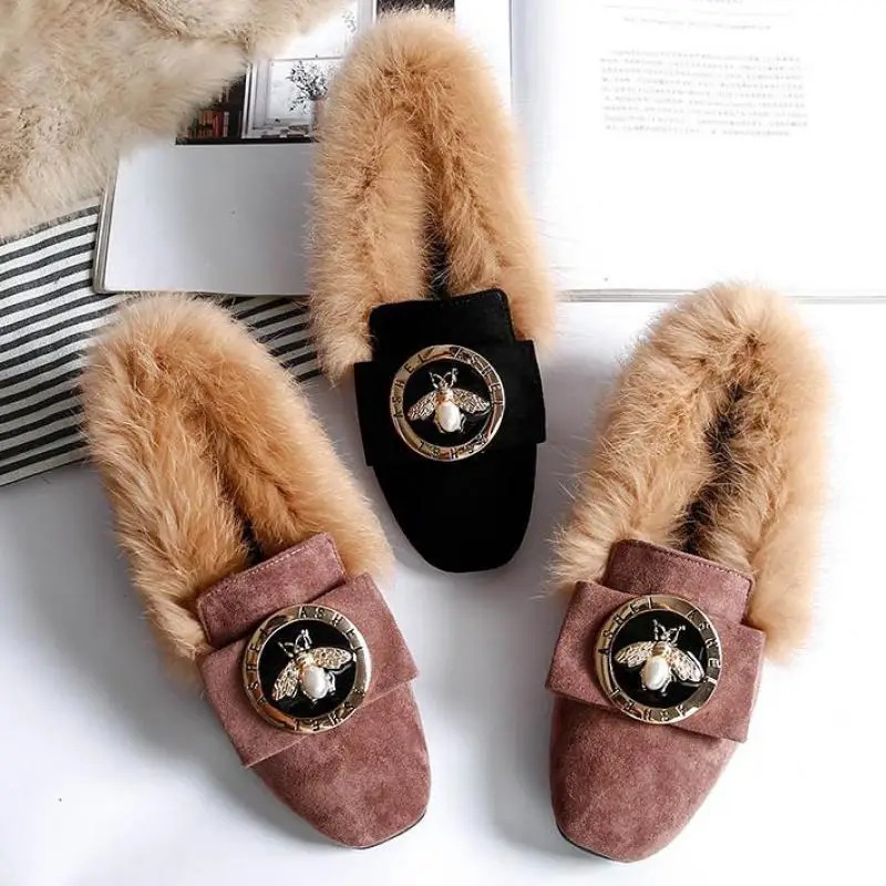 Genuine Leather Wool Winter Flat Shoes Woman Warm Snow Boots Ladies Fur Ankle Boots Plus Size Bee Fashion Moccasins Footwear new