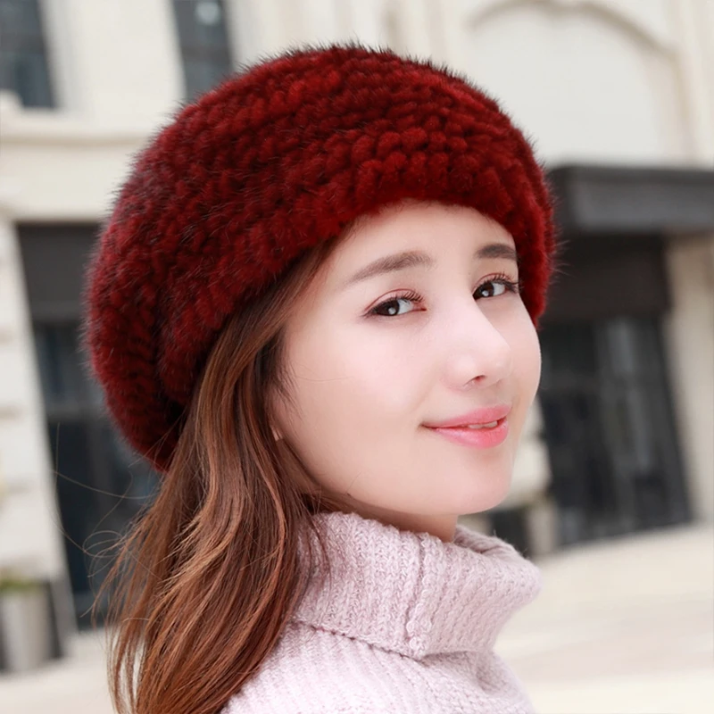 

Lantafe Fur Hat Natural Mink Hats Women Hat Weave Berets Winter Keep Warm Fashion Cap Basic Section Solid Color Ear Protection