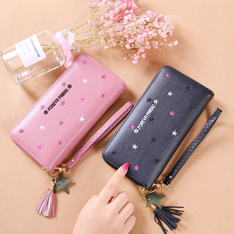 

PACGOTH Long Wallet Women Purses Tassel PU Leather Star Embroidery Female Clutch Money Bag Coin Purse Card Holder Wallets, 1PC