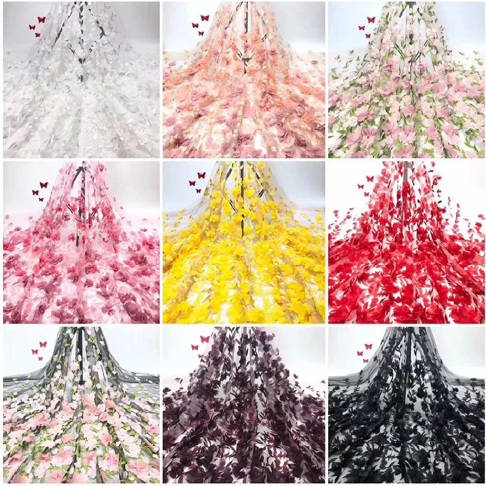 African 3D Flower Applique Lace Fabric Wedding Material 5 Yards Nigerian French Delicate Embroidered Tulle Mesh Lace DPW1195