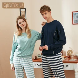 New Style Couples Pajamas Spring Autumn Round Neck Elastic Waist Long Sleeve Striped Pajamas Striped Pants Couples Suit