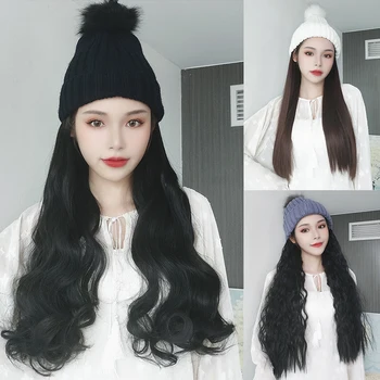

MUMUPI Winter New Elastic Knitted Hat with Synthetic Hair Extension Long Hair Wig Hat for Women Wigs for Women Black Brown