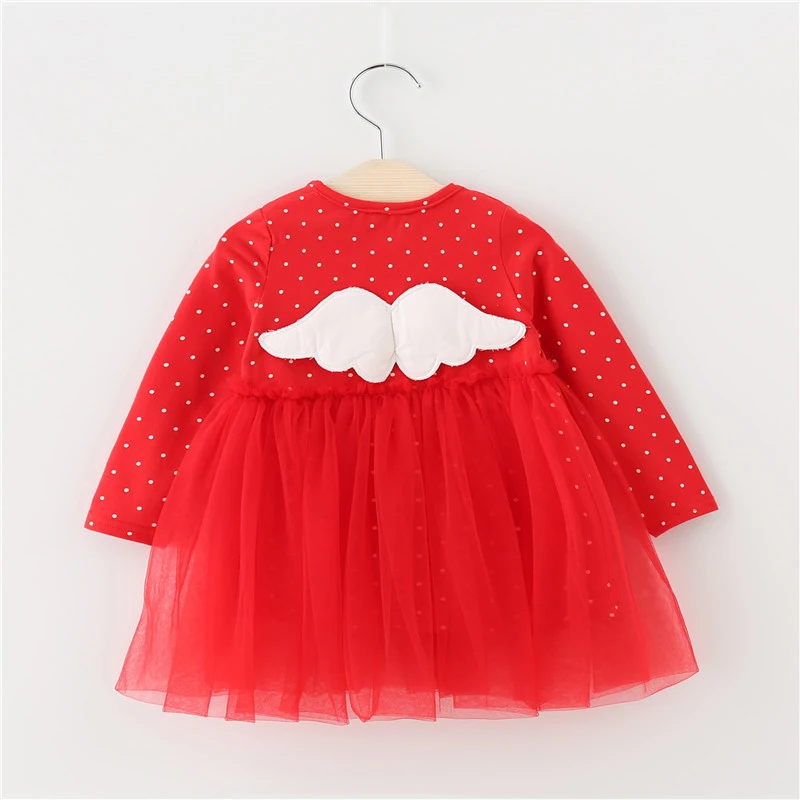 Autumn New 0-4T Baby Girl Dress Lovely Toddler Girl Dot Pattern Mesh Stitching Dresses Korean Style Long-sleeved Girls Dresses - Цвет: Красный