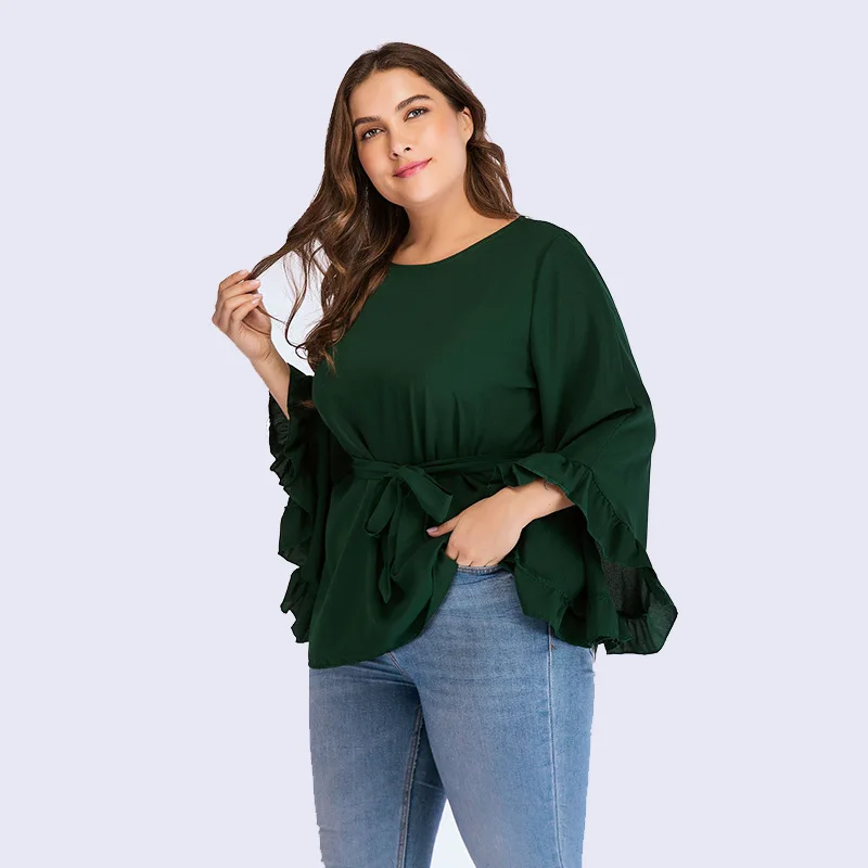 new autumn winter plus size tops for women long sleeve large cotton O neck casual loose T shirt belt green 4XL 5XL 6XL 7XL