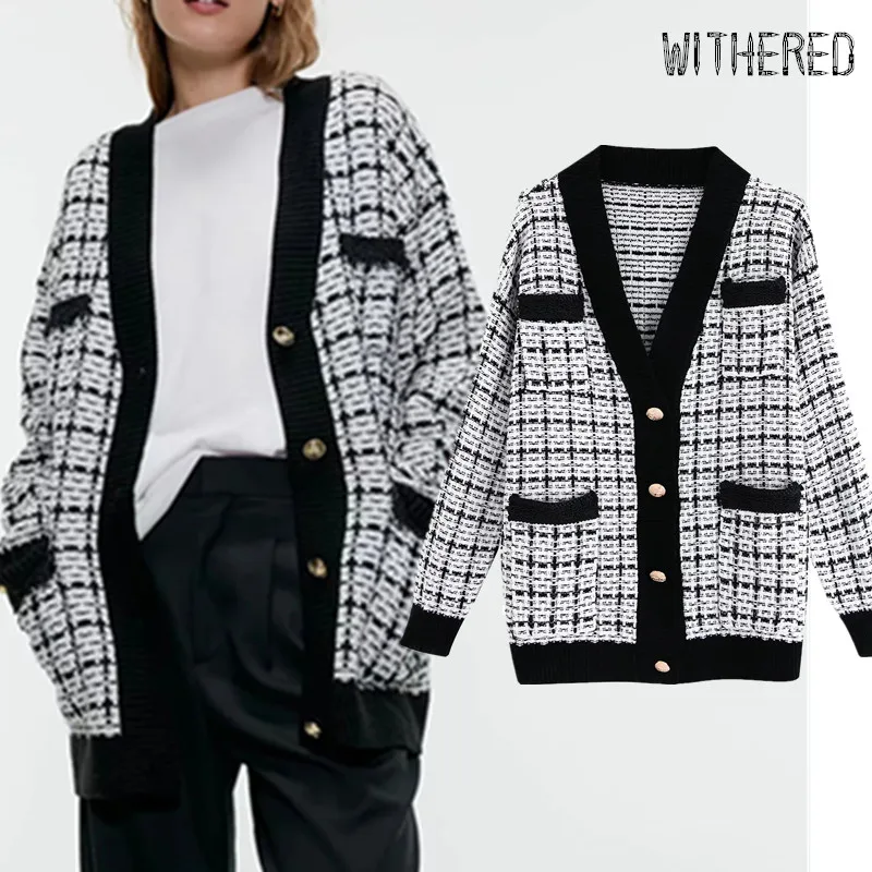 

Withered winter knitted cardigans women england vintage tweed houndstooth plaid oversize single breasted cardigan sweaters women