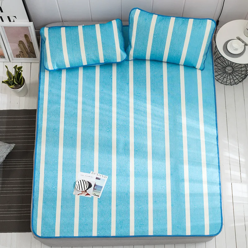 

New Printing Bedding Ice Silk Mat Three-piece Set Refreshing Breathable Foldable Bed Cool Mat Pillowcase Fashion Simple Style