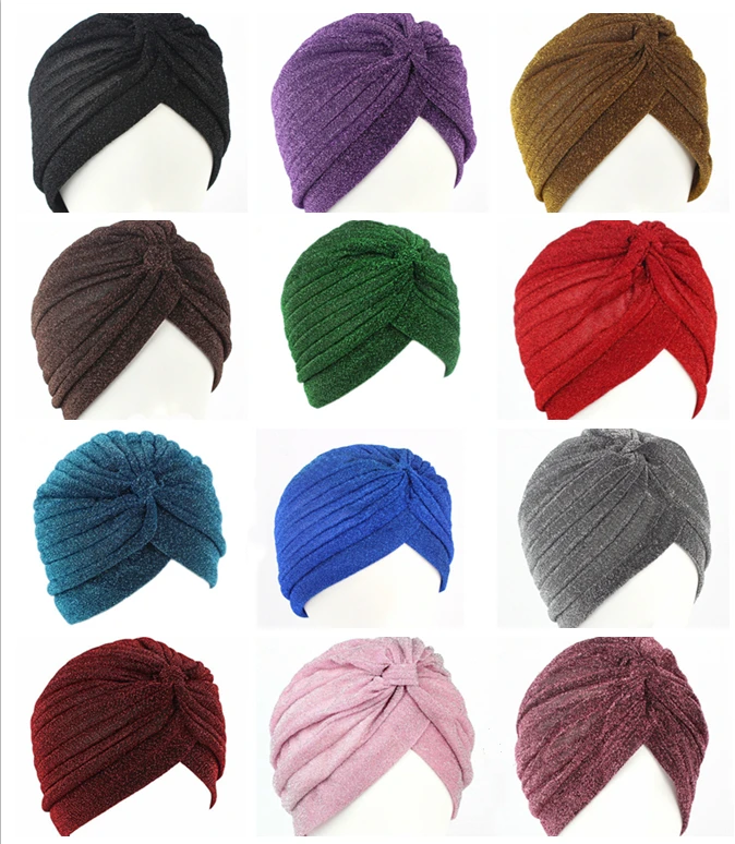 

20Pcs Gold Plain Shiny Shimmer Glitter Sparkly Indian Turban Hats Cap Muslim Hijab For Women