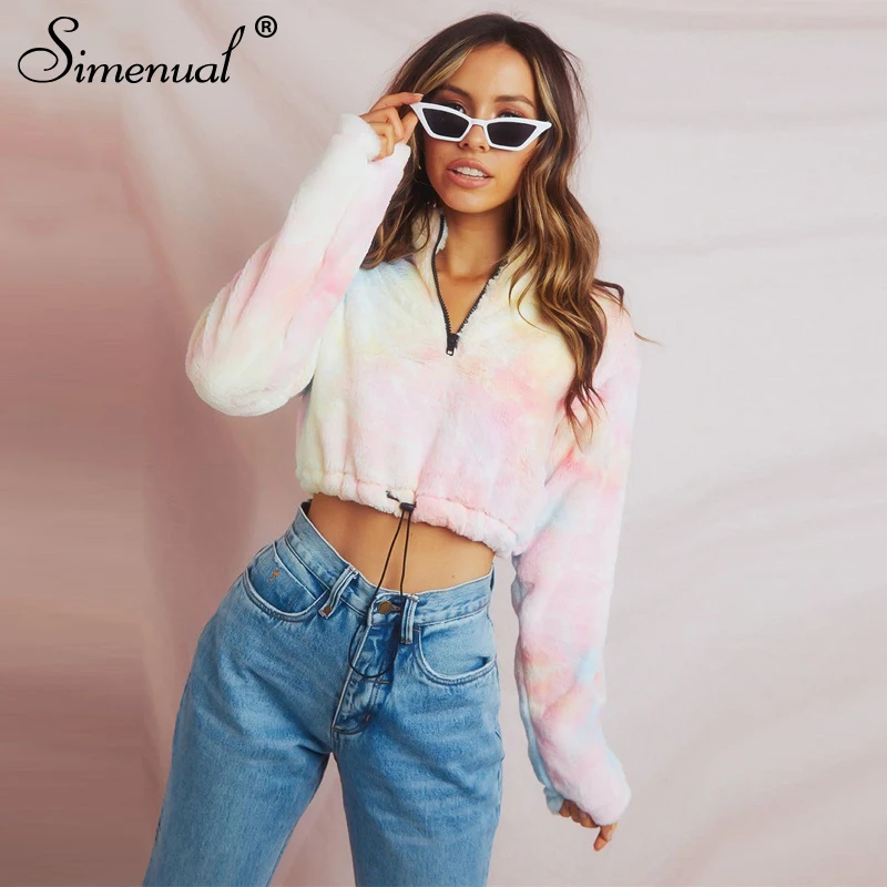 Simenual Tie Dye Faux толстовки из овечьей шерсти женские на молнии осенние модные повседневные толстовки с длинным рукавом пушистый флисовый укороченный топ