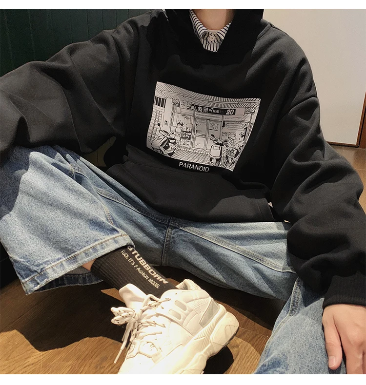 Spring And Autumn Korean-style BF Hip Hop False Printed Hooded Hoodie Men's-INS Hong Kong-Style Loose-Fit Hoodie Men's Two-Piece