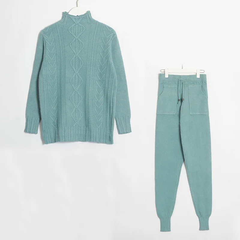 Pea Green Wixra, женский свитер, костюмы и комплект, Повседневный свитер с высоким воротом и штаны, 2 предмета, спортивные костюмы, Длинные пуловеры+ брюки, комплекты верхней одежды - Цвет: Pea Green