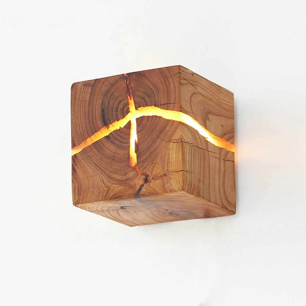 

Aisle Indoor Wooden Square Light Fixtures Random Crack Bedroom Decorative Led Living Room Wall Lamp Bedside Home Gift