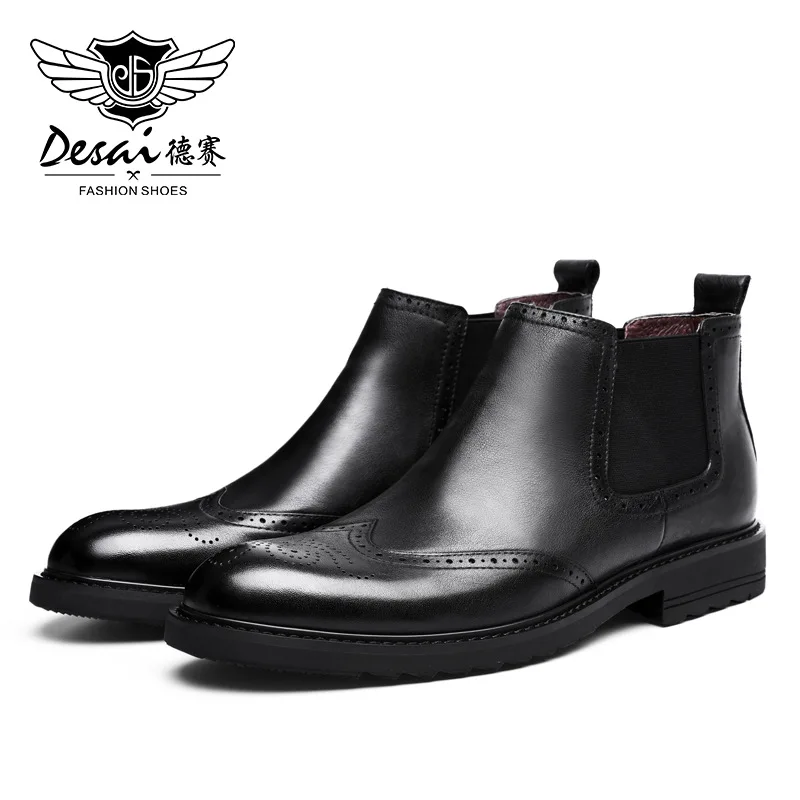 Desai/брендовые ботинки из натуральной кожи; Мужская обувь с острым носком; высокое качество; британский стиль; короткие высокие черные ботинки для мужчин