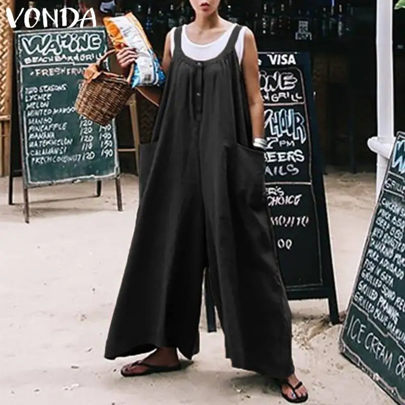 

VONDA Rompers Women Jumpsuits 2020 Summer Wide Leg Pants Casual Loose O Neck Pockets Long Playsuits Plus Size Sleeveless Overall