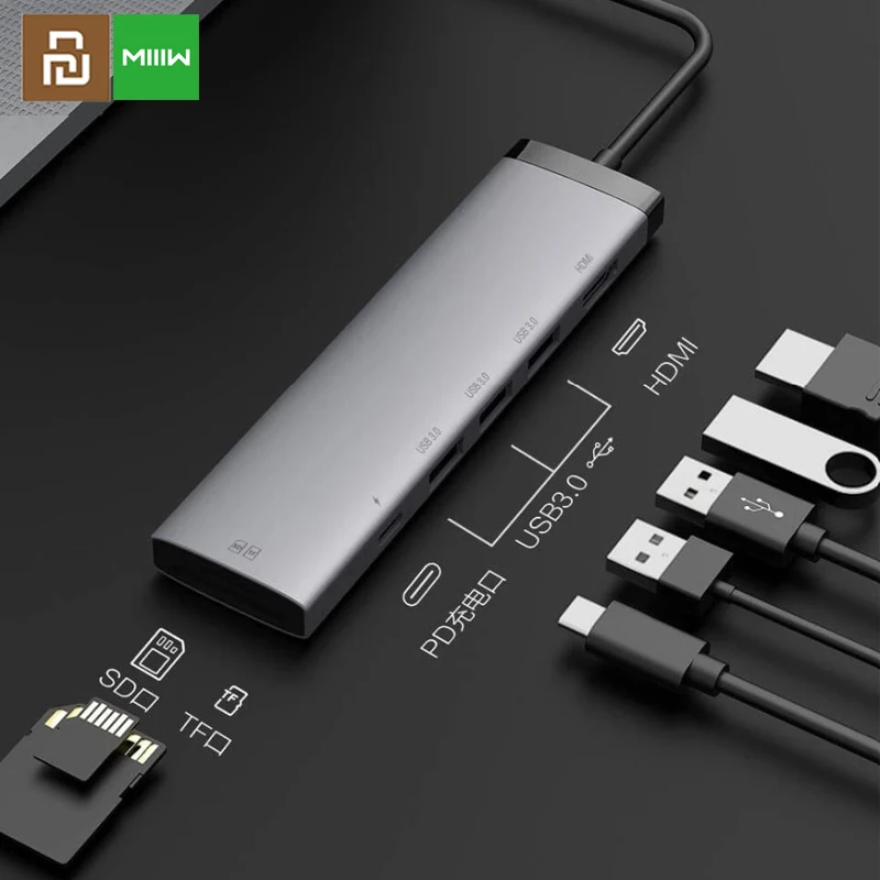 Youpin MIIIW-concentrador tipo C 7 en 1, Adaptador convertidor USB C 3x USB 3,0, salida de vídeo HD 4K, 100W, fuente de alimentación PD, lector de tarjetas