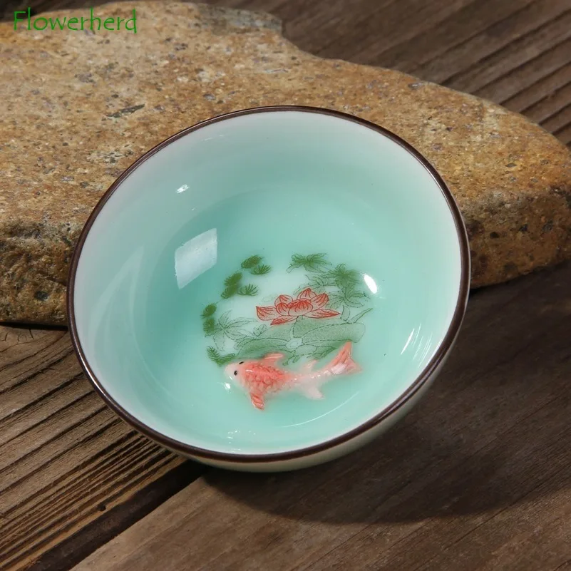 Celadon Small Carp Tea Cup Teaware Ceramic Porcelain Hand-painted Lotus Ceramic Kung Fu Tea Set Tea Cup