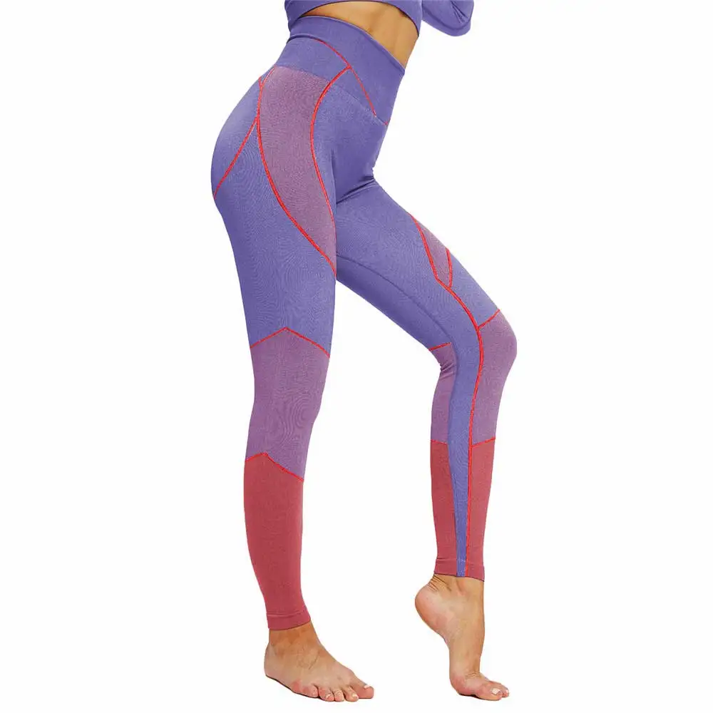 Фиолетовый Women High Waist Running Tights Yoga Pants Trousers Workout Fitness Sports Gym Hiking Exercise Clothing Leggings For Female NS75 - Цвет: Фиолетовый