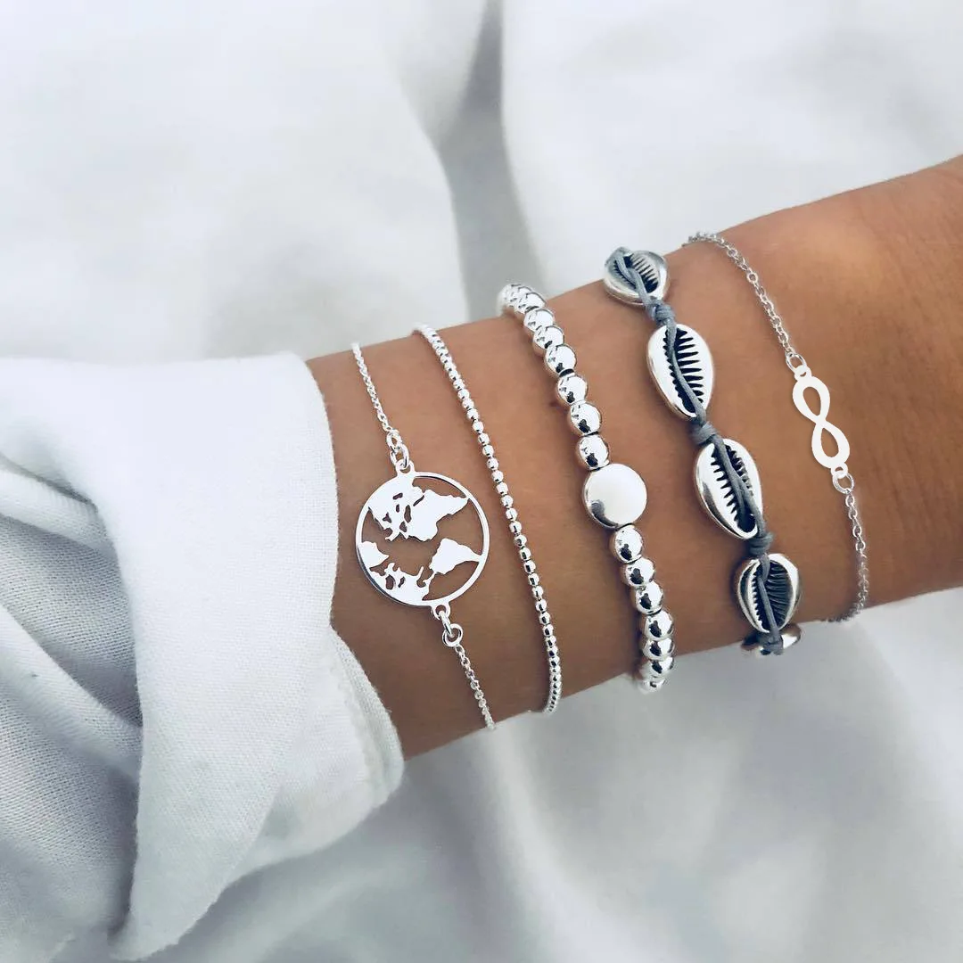 

5 Pcs/ Set Shell 8 Characters Map Big and Small Bead Chains Multilayer Pendant Gold-color Bracelet Set Charm Girl Jewelry Gift