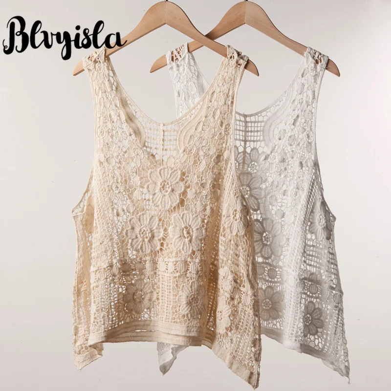 Blvyisla V-neck Crochet Lace Sleeveless Hook Flower Vest Female Summer Tank Tops Hollow Out Beachwear Cover-Up Camis Tee