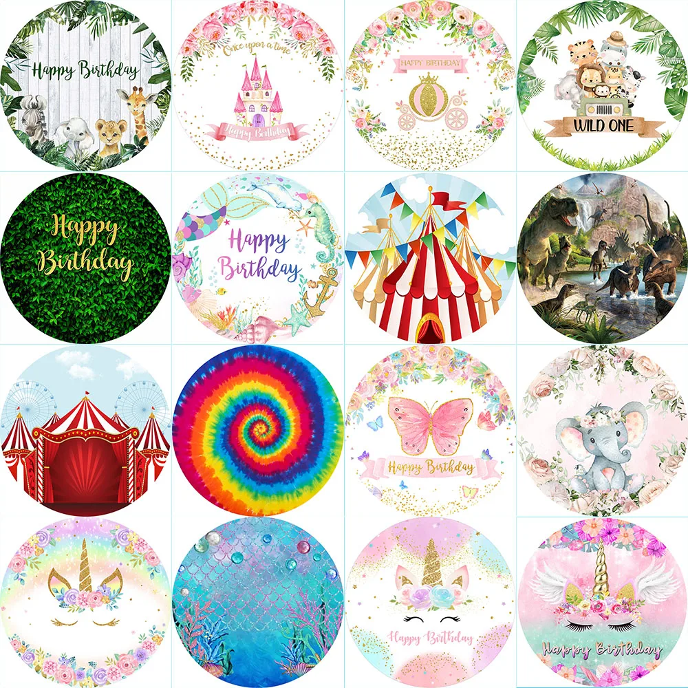 

Happy Birthday Backdrop Round Circle Elastic Photo Background Unicorn Mermaid Safari Jungle Dinosaur Theme Birthday Party Decor
