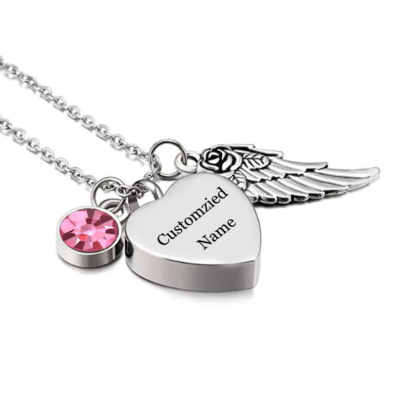 Gott hat Sie in seine arme mit Engel Flügel Charme Feuerbestattung Asche Schmuck Andenken Denkmal Urne Halskette mit Birthstone Kristall – Detail 1