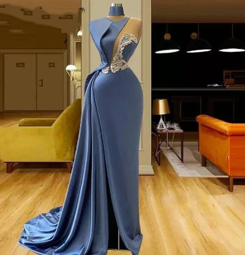 

Eightale Blue Evening Dresses 2020 Appliques High Neck Satin Sexy Mermaid Prom Dress Arabic Mermaid Party Gowns Robe de Soiree