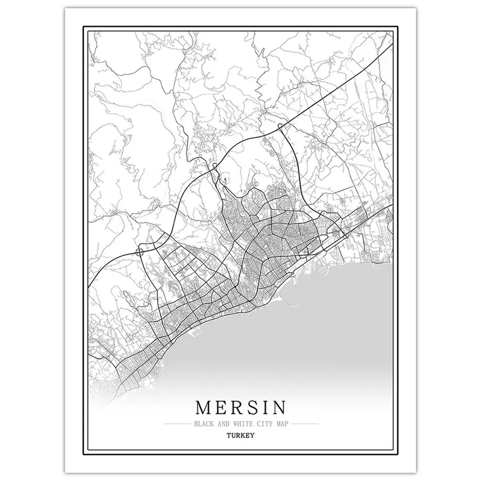 Mersin Турецкая черно-белая карта города плакат Скандинавская гостиная Анкара стена искусство стены домашний декор холст живопись креативный подарок - Цвет: Mersin