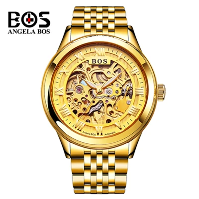 Relogio Masculino ANGELA BOS Золотой Скелет автоматические часы мужские водонепроницаемые Роскошные светящиеся военные механические наручные часы - Цвет: Gold