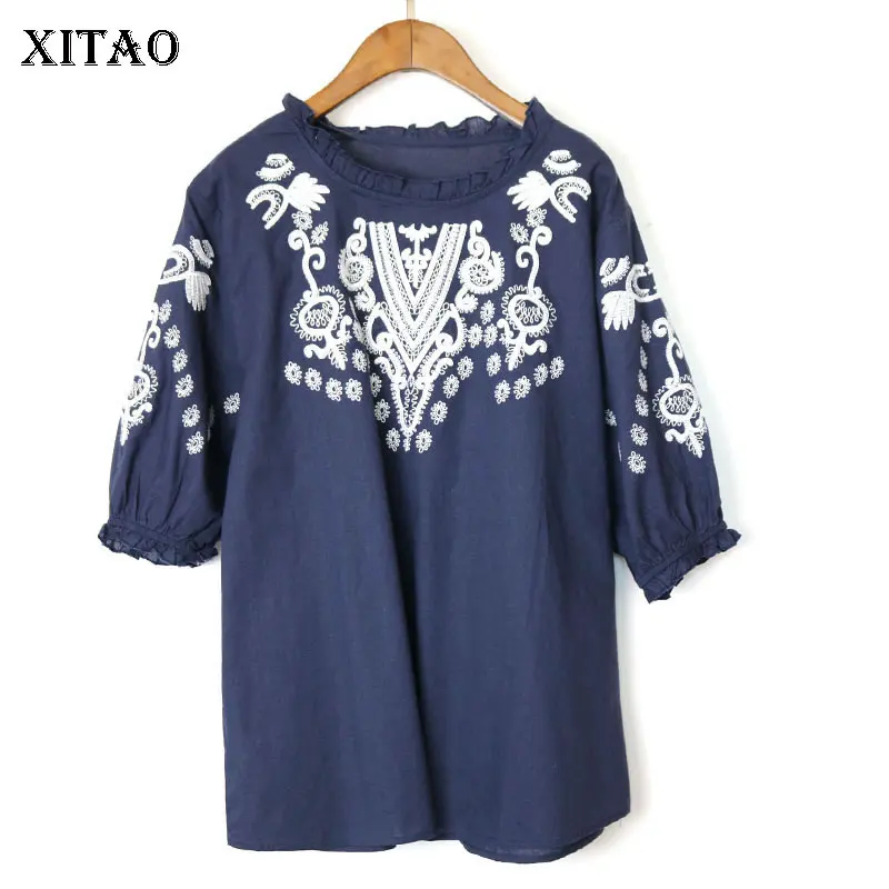 

XITAO Vintage Folk-custom T Shirt Delicate Embroidery Women Five point Sleeve Cotton and Linen Tee Literature Top GCC3262