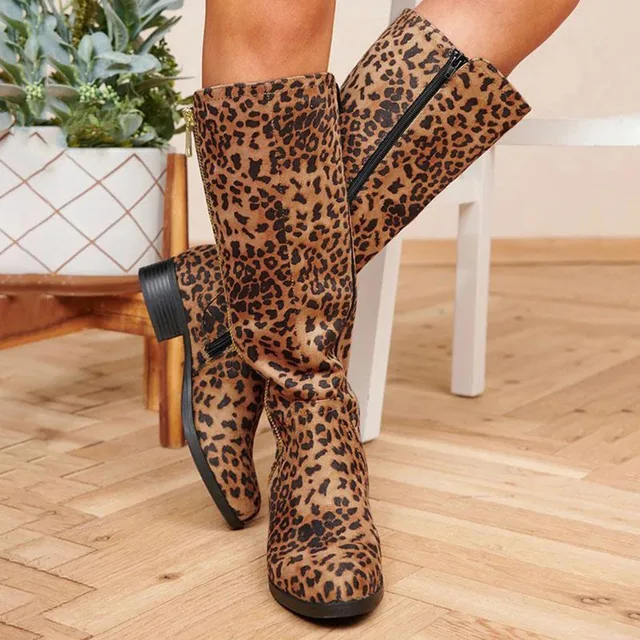 High Tube Leopard Print Low Heel Boots 