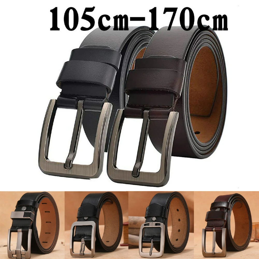 Cinturón de cuero auténtico para hombre, cinturón alargado de 150 con hebilla de Pin Retro, diseño informal, accesorios de lujo para pantalones vaqueros, cinturones de regalo de negocios para hombre|Cinturones de