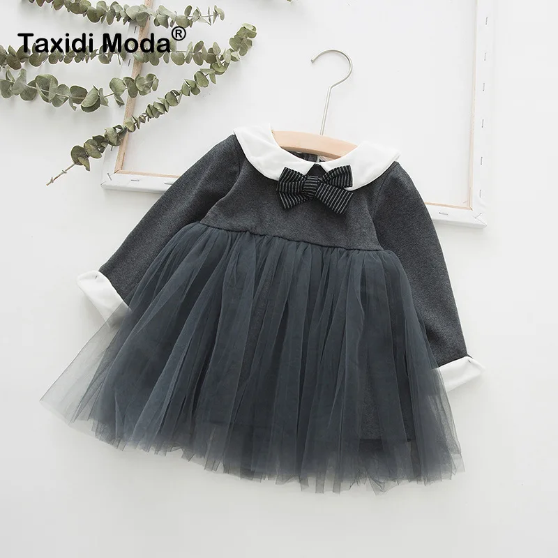 

2019 New Autumn Cotton Patchwork Bow Pink Little Girls Dress Princess Kids Long Sleeve For Party Toddler Children Clothes 90589