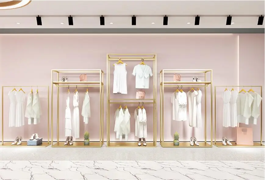 

Clothing store display shelf floor type women's clothing store display shelf iron shelf double layer gold hanger