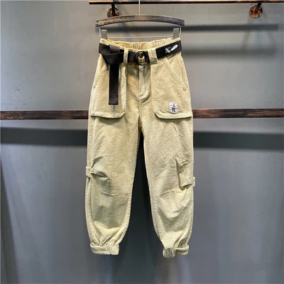 Женские Смарт cargo jogger Штаны вельвет с высокой талией штаны-шаровары брюки для женщин с несколькими карманами, повседневный вязаный свитер свободного покроя в стиле хип-поп-брюки для женщин - Цвет: Beige