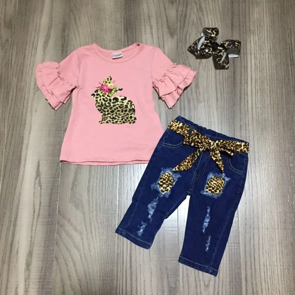 

baby girls Easter jean outfits girls bunny coral shirt with jean capri girls leopard outfit with bow