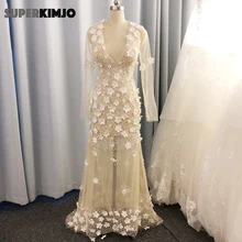 SuperKimJo Abendkleider бисерные вечерние платья с длинным рукавом 3D цветы Шампанское Русалка прозрачное сексуальное вечернее платье