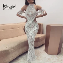 Slaygirl, сексуальное длинное платье с кисточками, женские вечерние платья макси с открытыми плечами, модное белое кружевное Клубное платье для женщин, Vestidos