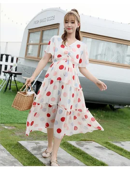 

Fashion hipster summer new fashion French wave point fairy chiffon tide mom cake maternity dress large size dress