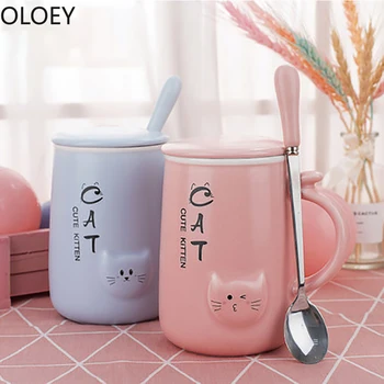 

Pink Cute Ceramic Cat Mug with Mobile Phone Holder Spoon Lid Funny Mug Tumblers Rabbit Coffee Mugs Ceramic Cups Handmade Gifts