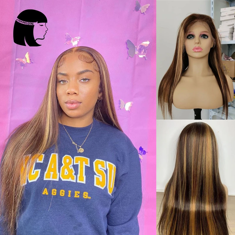 Honey Blonde Straight Frontal Wig Transparent Lace Wigs Highlight Lace Front Human Hair Wigs T Part Brazilian Short Bob Wig