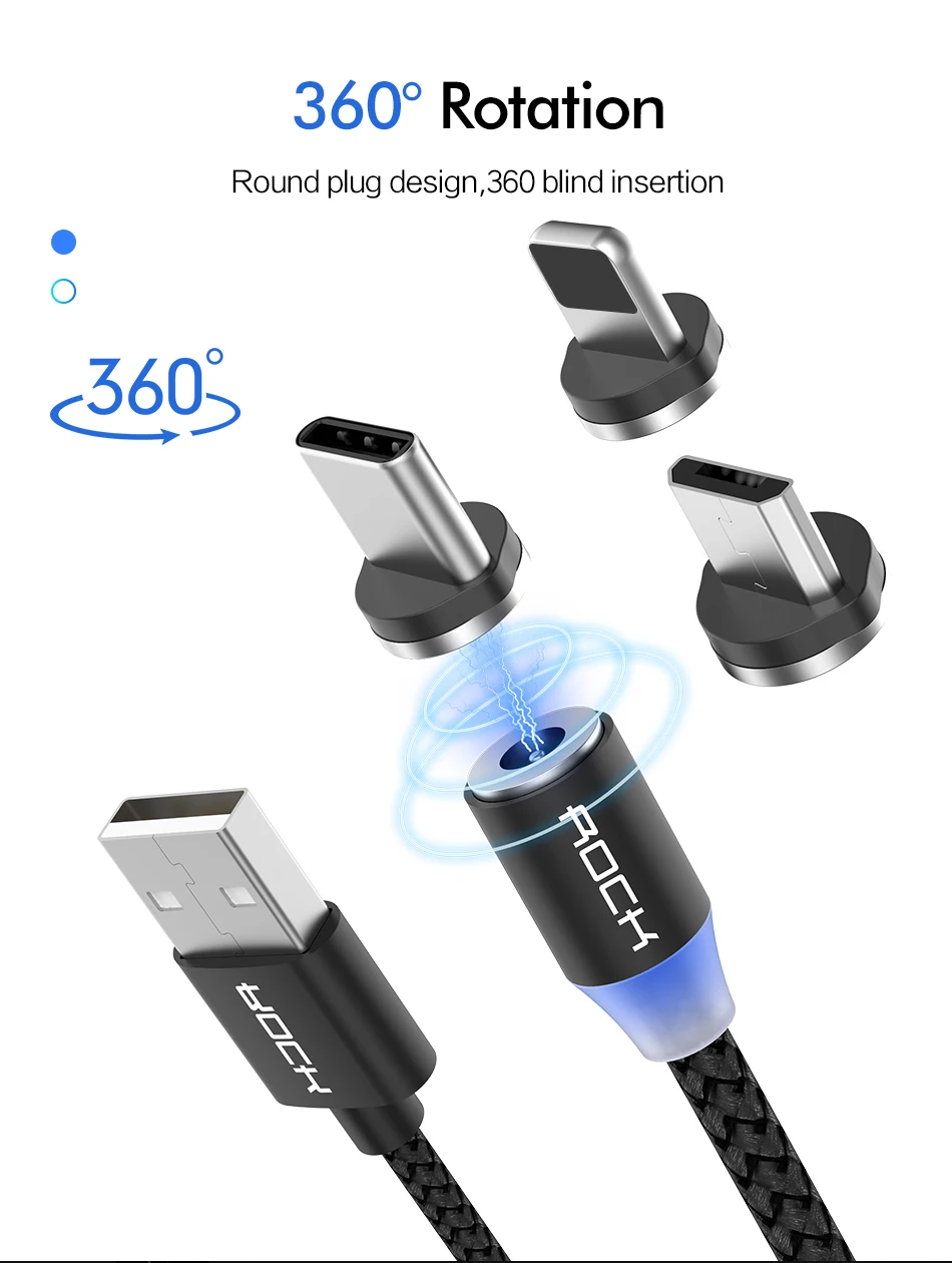 ROCK Быстрая зарядка Магнитный кабель type C Micro USB быстрая зарядка светодиодный свет для iPhone Xiaomi Redmi Note 7 Pro Магнитный провод для телефона