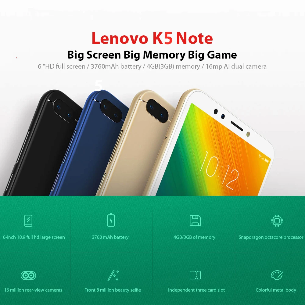 lenovo K5 Note/K9 Примечание 6,0 дюймов смартфон 3/4 Гб оперативной памяти, 32/64 ГБ Восьмиядерный 16.0MP+ 8.0MP, две камеры, 4G, FDD, LTE, мобильный телефон
