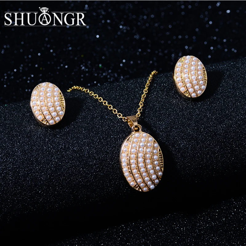 

SHUANGR Luxury Sexy Jewelry Sets Oval Metal Imitation Pearl Necklace Earrings Sets For Women Gold Silver Wedding Elegant Jewlery