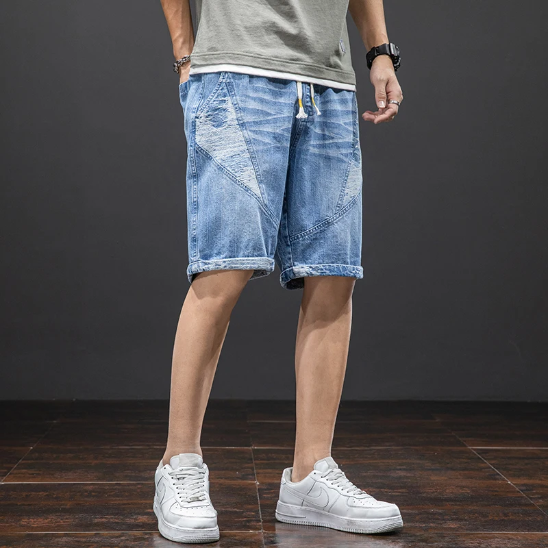 De talla grande de verano azul pantalones vaqueros cortos de los hombres de la rodilla-longitud de algodón holgado Casual pantalones de hombre a rayas pantalones cortos Denim 6XL 7XL 8XL