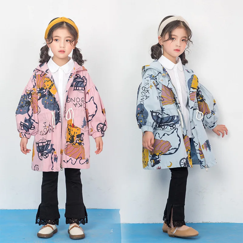 

2019 New Autumn Children's Clothing Big Children Girl Korean Version Foreign Air Print Medium Long Windbreaker Trench Coat